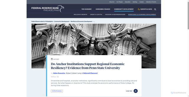 Security scan screenshot of https://www.philadelphiafed.org/community-development/workforce-and-economic-development/do-anchor-institutions-support-regional-economic-resiliency-evidence-from-penn-state-university