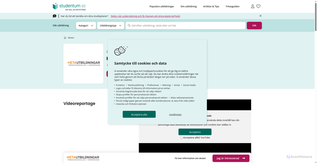 Security scan screenshot of https://www.studentum.se/skola/heta-utbildningar/#educations