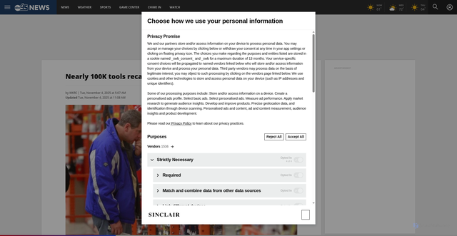 Security scan screenshot of https://abc45.com/news/nation-world/milwaukee-tool-recall-recalls-recalled-chainsaws-due-laceration-hazard-12-14-inch-cincinnati-m18-batteries-powered-free-repair-registration-company-webpage-lacerated-finger-reported-danger-consumer-alerts-improvement-stores