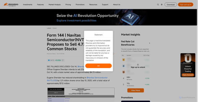 Security scan screenshot of https://news.moomoo.com/flash/21190831/form-144-navitas-semiconductor-nvtsus-officer-proposes-to-sell-4