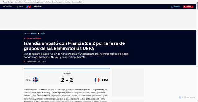 Security scan screenshot of https://tn.com.ar/deportes/futbol/2025/10/13/islandia-vs-francia-en-vivo-por-la-fase-de-grupos-de-las-eliminatorias-uefa-hora-donde-ver-y-formaciones/
