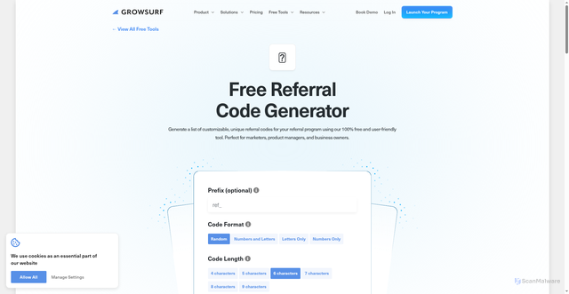 Security scan screenshot of https://growsurf-website.pages.dev/free-tools/referral-code-generator/