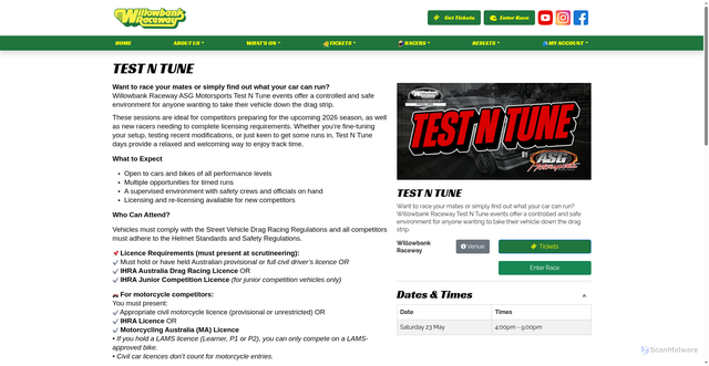 Security scan screenshot of https://willowbankraceway.com.au/event/TEST%20N%20TUNE/