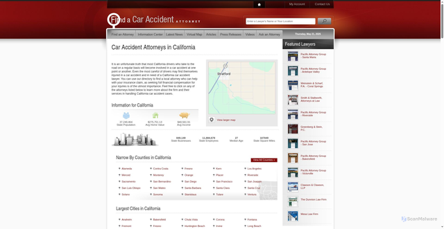 Security scan screenshot of https://www.findacaraccidentattorney.com/California.aspx