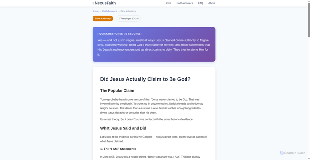 Security scan screenshot of https://nexusfaith.pages.dev/questions/bible/did-jesus-claim-to-be-god