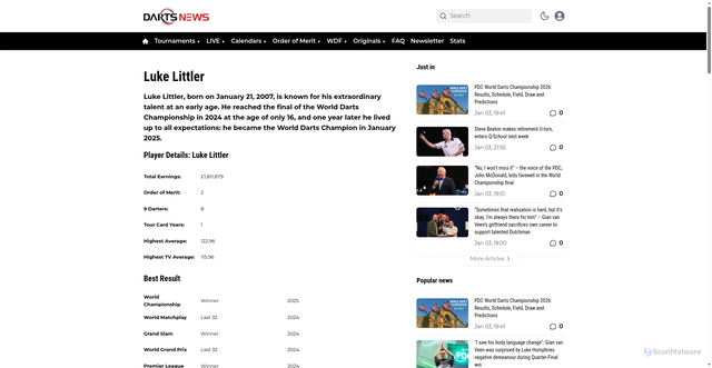 Security scan screenshot of https://dartsnews.com/luke-littler