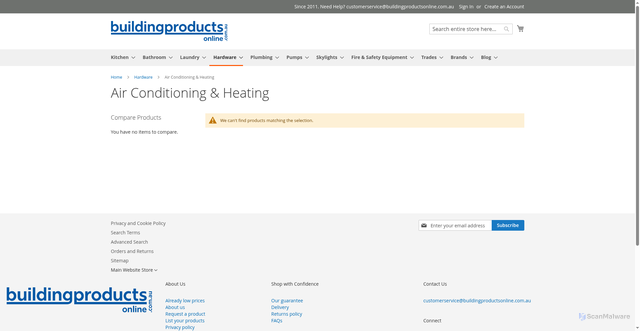 Security scan screenshot of https://buildingproductsonline.com.au/hardware/air-conditioning-heating/
