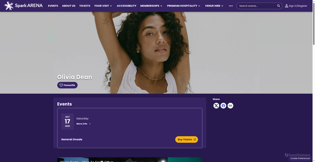 Security scan screenshot of https://www.sparkarena.co.nz/all-events/olivia-dean-tickets-ae1252040