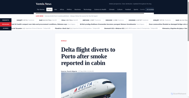 Security scan screenshot of https://vertrix.cloud/news/story/delta-flight-diverts-to-porto-after-smoke-reported-in-cabin-4e126880.html