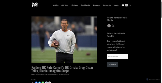 Security scan screenshot of https://raiderramble.com/2025/11/29/raiders-hc-pete-carrolls-qb-crisis-greg-olson-talks-richie-incognito-snaps/