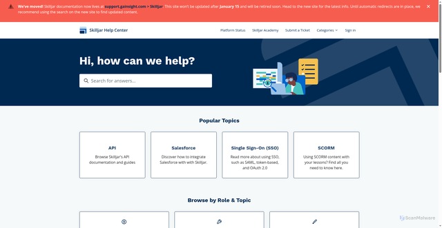 Security scan screenshot of https://support.skilljar.com