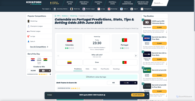 Security scan screenshot of https://www.thepunterspage.com/kickform/world-cup/colombia-vs-portugal/AEjwq/