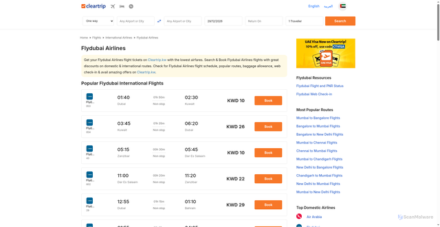 Security scan screenshot of https://www.cleartrip.com.kw/flight-booking/flydubai-airlines.html