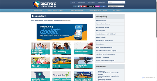 Security scan screenshot of https://health.mo.gov/living/wellness/immunizations/