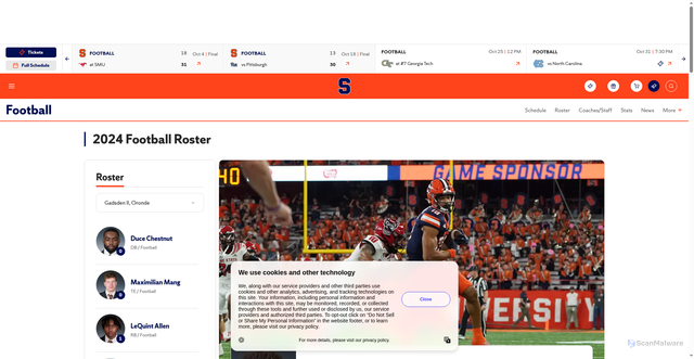 Security scan screenshot of https://cuse.com/sports/football/roster/oronde-gadsden-ii/23324