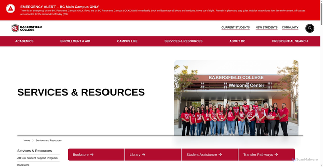 Security scan screenshot of https://www.bakersfieldcollege.edu/services-and-resources/index.html