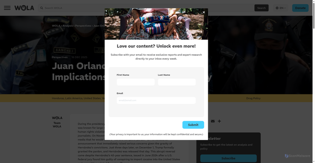 Security scan screenshot of https://www.wola.org/analysis/juan-orlando-hernandez-pardon-implications-for-u-s-foreign-policy/