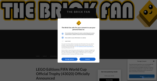 Security scan screenshot of https://www.thebrickfan.com/lego-editions-fifa-world-cup-official-trophy-43020-officially-announced/