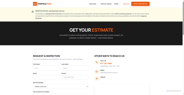 Security scan screenshot of https://lancasterohioroofers.com/contact/