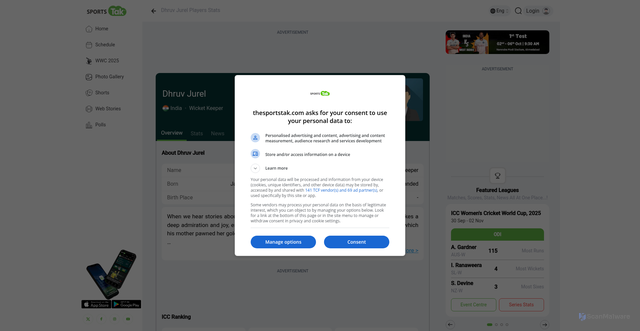 Security scan screenshot of https://thesportstak.com/cricket/players/dhruv-jurel-71370/overview