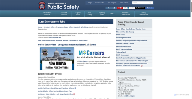 Security scan screenshot of https://dps.mo.gov/dir/programs/post/le-jobs.php