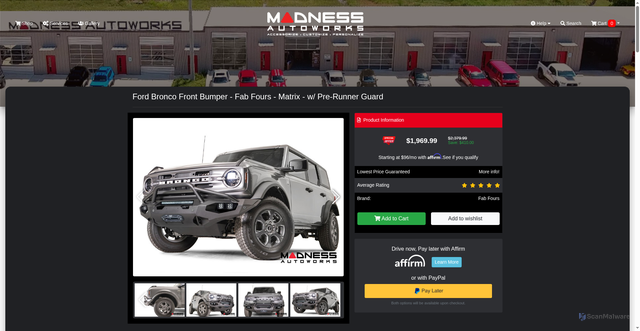 Security scan screenshot of https://madnessautoworks.com/index.php?route=product%2Fproduct&product_id=300015509&srsltid=AfmBOopHcw5HfyfdWyuE_2-zj2Ijy-hqGfvEe733n4eSsNqMX9CR5deO