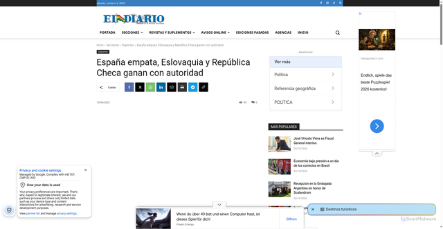 Security scan screenshot of https://www.eldiario.net/portal/2021/06/15/espana-empata-eslovaquia-y-republica-checa-ganan-con-autoridad/