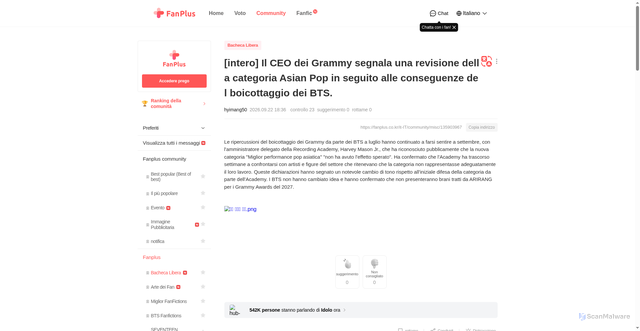 Security scan screenshot of https://fanplus.co.kr/it-IT/community/misc/135903967