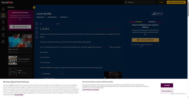 Security scan screenshot of https://levelupnetwork.fandom.com/wiki/Leaks