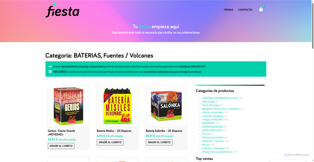 Security scan screenshot of https://www.pirotecniafiesta.com/categoria-producto/fuegos-artificiales/