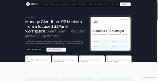 Security scan screenshot of https://s3panel-site.pages.dev/cloudflare-r2-manager/