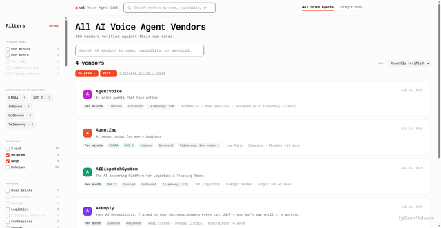 Security scan screenshot of https://voiceagentlist.com/vendors?deployment=white_label%2Cboth