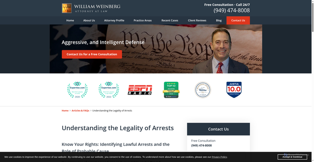 Security scan screenshot of https://www.williamweinberg.com/articles-faqs/understanding-the-legality-of-arrests/