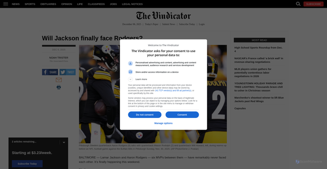 Security scan screenshot of https://www.vindy.com/sports/2025/12/will-jackson-finally-face-rodgers/