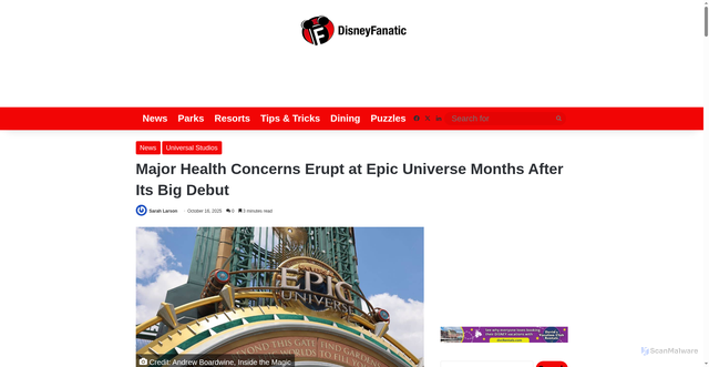 Security scan screenshot of https://www.disneyfanatic.com/major-health-concerns-erupt-at-epic-universe-months-after-its-big-debut-sb1/