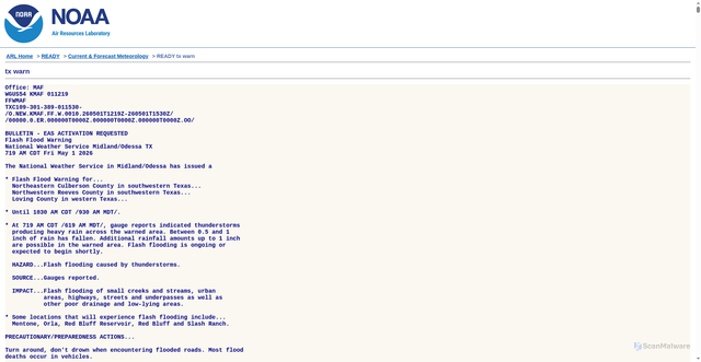 Security scan screenshot of https://www.ready.noaa.gov/ready2-bin/state.pl?product=warn&state=tx
