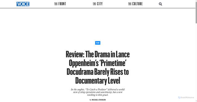 Security scan screenshot of https://www.villagevoice.com/review-the-drama-in-lance-oppenheims-primetime-docudrama-barely-rises-to-documentary-level/