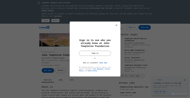 Security scan screenshot of https://www.linkedin.com/company/john-templeton-foundation?utm_source=Receive+News+from+the+John+Templeton+Foundation&utm_campaign=3955a18dda-2025EMAILCAMPAIGN_templetonideas_20251015&utm_medium=email&utm_term=0_-59d84bd4cb-97355777