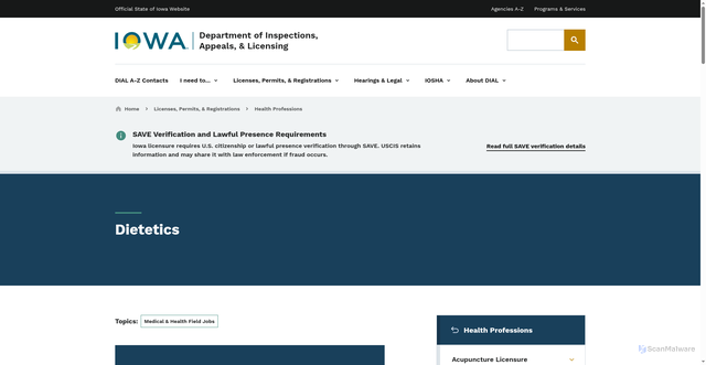Security scan screenshot of https://dial.iowa.gov/licenses/health-professions/dietetics