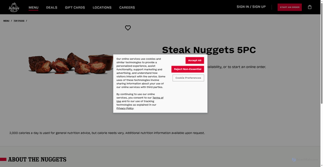 Security scan screenshot of https://www.arbys.com/menu/top-picks/steak-nuggets-5pc/