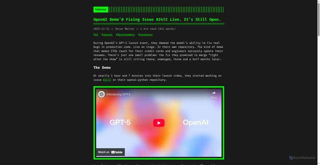 Security scan screenshot of https://blog.tymscar.com/posts/openaiunmergeddemo/