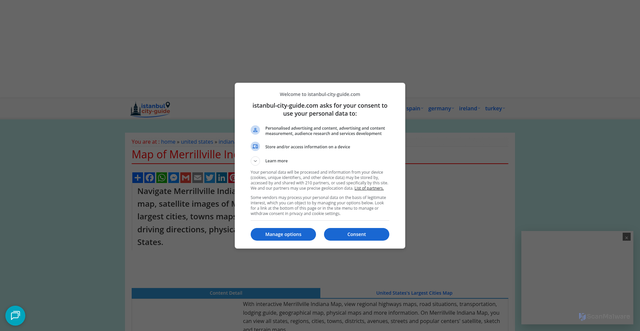 Security scan screenshot of https://www.istanbul-city-guide.com/map/merrillville-indiana-map
