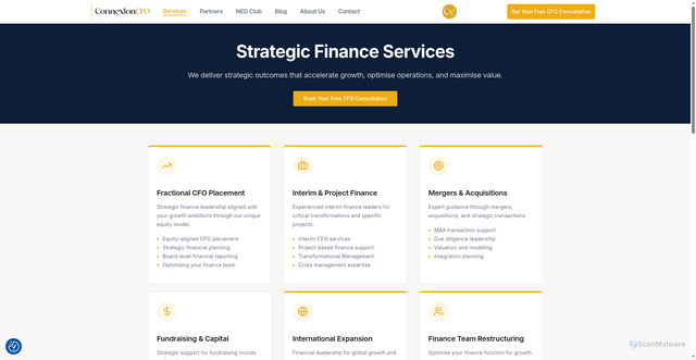 Security scan screenshot of https://connexioncfo.com/services/