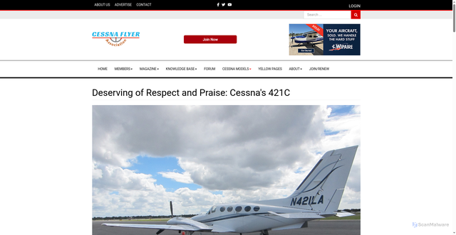 Security scan screenshot of https://www.cessnaflyer.org/cessna-models/cessna-twins/cessna-421/deserving-of-respect-and-praise-cessna-s-421c.html