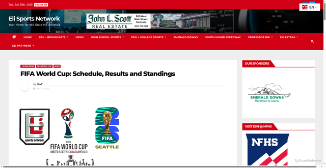 Security scan screenshot of https://www.elisportsnetwork.com/2026/06/30/fifa-world-cup-schedule-results-and-standings/