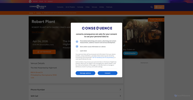Security scan screenshot of https://concerts.consequence.net/events/robert-plant-at-the-met-presented-by-highmark-on-2026-04-04-19-30