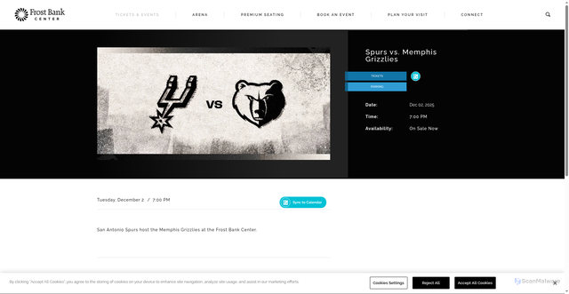 Security scan screenshot of https://www.frostbankcenter.com/events/detail/spurs-vs-memphis-grizzlies-7