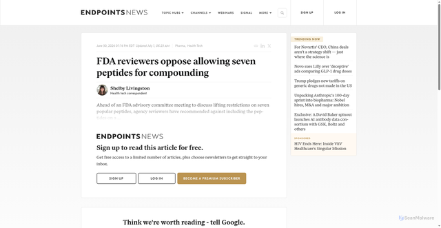 Security scan screenshot of https://endpoints.news/fda-reviewers-oppose-allowing-seven-peptides-for-compounding/