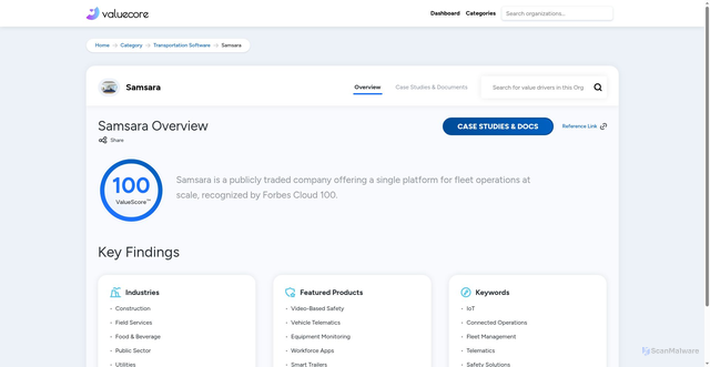 Security scan screenshot of https://valuecore.ai/valuehub/category/transportation_software/samsara