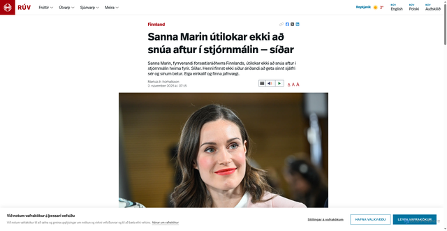 Security scan screenshot of https://www.ruv.is/frettir/erlent/2025-11-02-sanna-marin-utilokar-ekki-ad-snua-aftur-i-stjornmalin-sidar-457883
